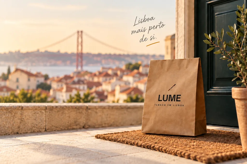 Saco LUME em kraft num capacho à porta de casa em Lisboa, com a ponte 25 de Abril ao fundo