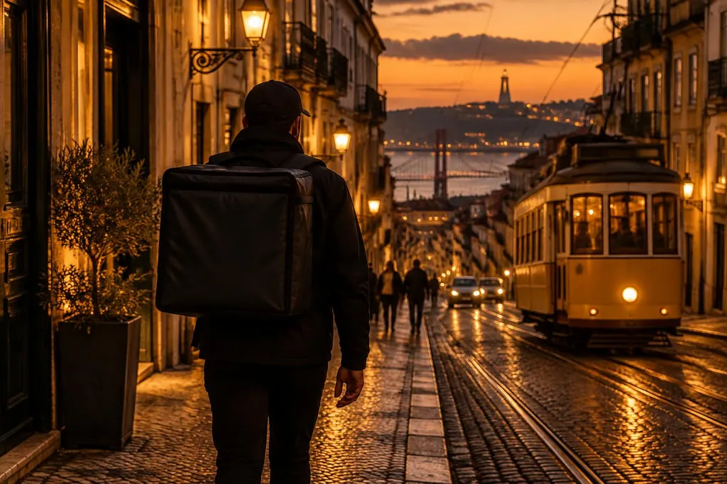 Estafeta com mochila térmica a subir uma rua de Lisboa ao pôr do sol